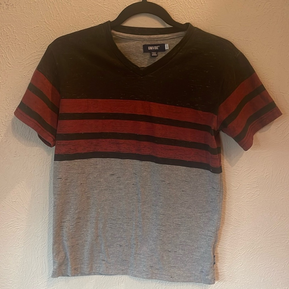 Univibe youth size L t-shirt v-neck black, grey, with red stripes.